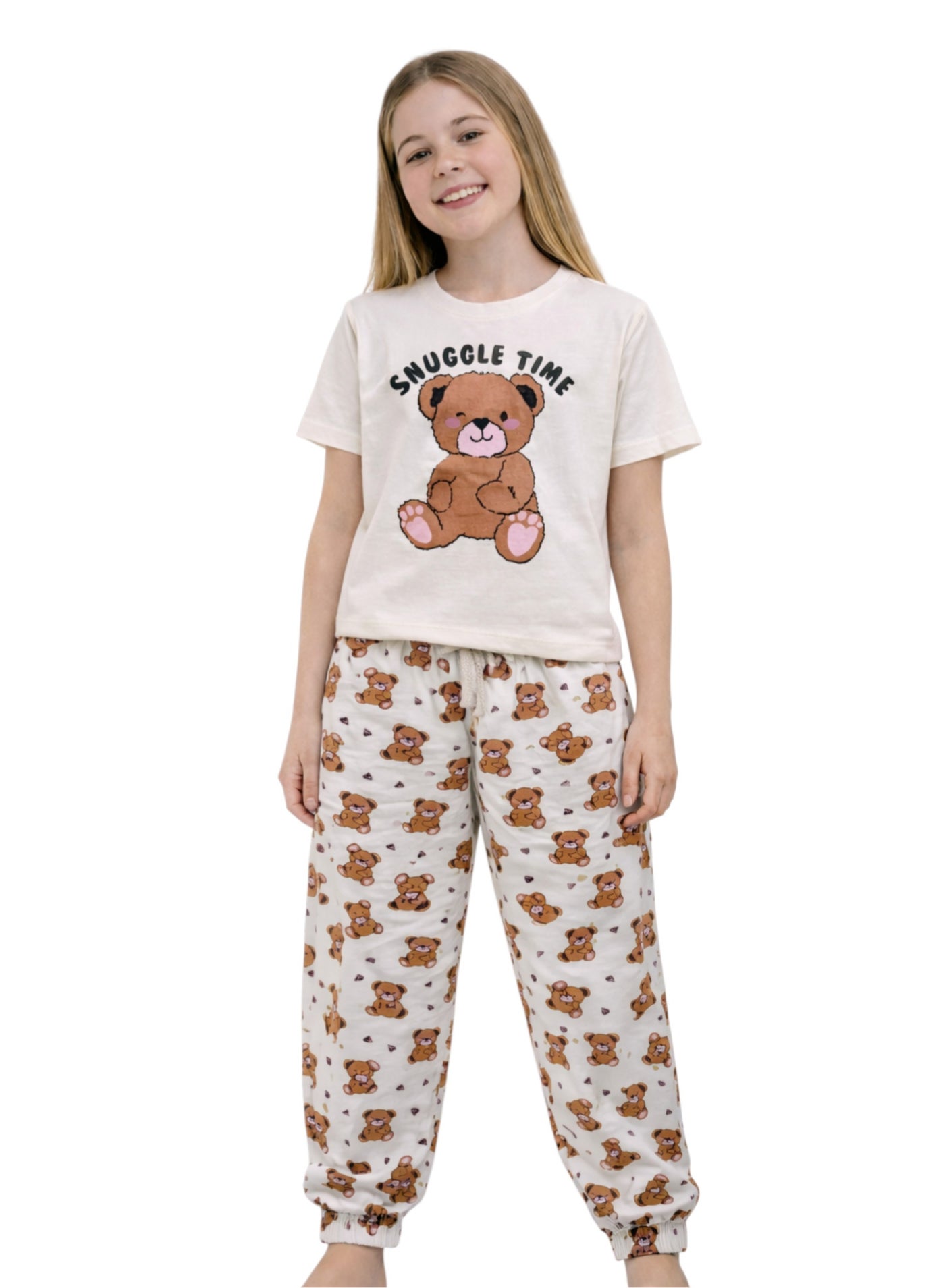 victor and jane Girls’ Pajama Set – “Snuggle Time” Teddy T-Shirt & Printed Jogger Pants